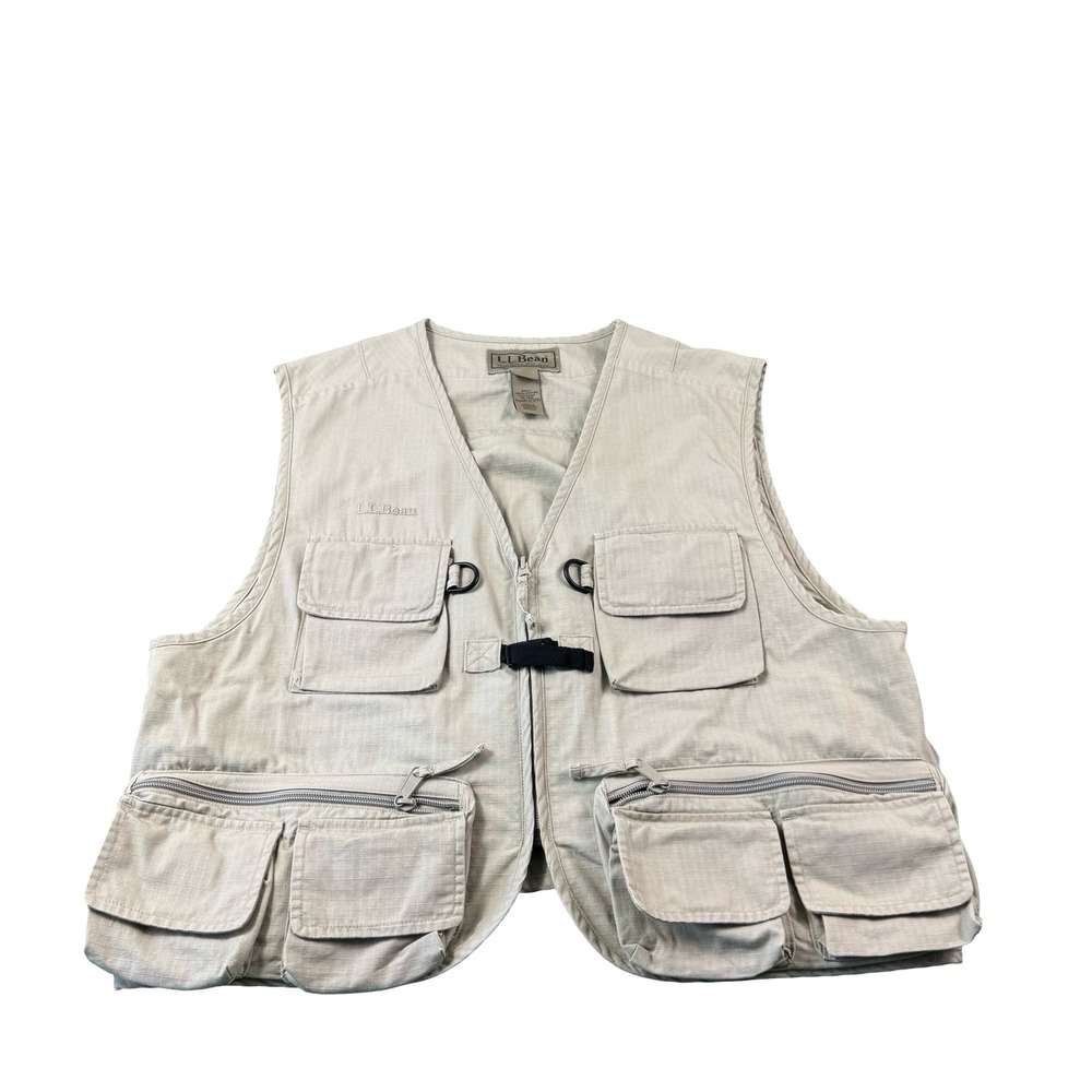 LL Bean Mens Fly Fishing Vest Tan Khaki Utility Multi Pocket Ripstop Size Large